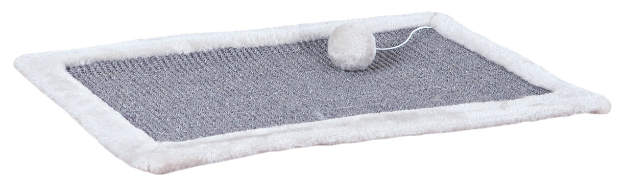 TRIXIE Katzenspielzeug, Kratzmatte grau mit weißem Plüschrand & Spielball, ideal f. Katzen jeden Alters, zur Krallenpflege & Spiel.