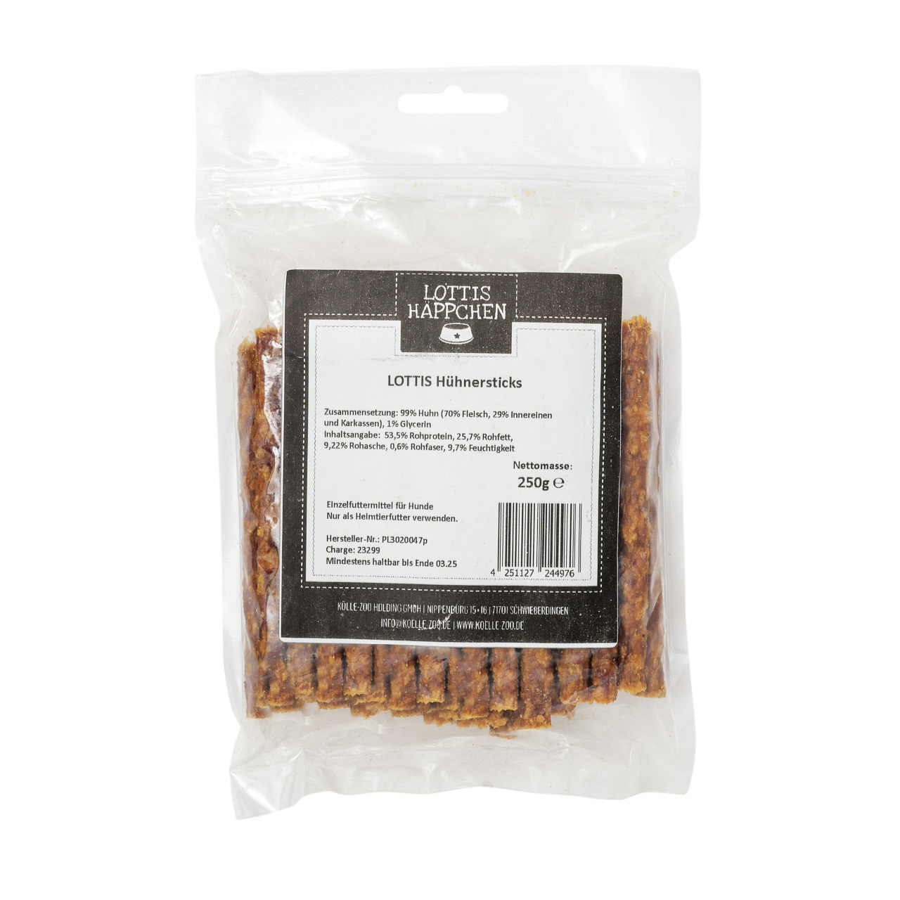 LOTTIS HÄPPCHEN Hühnersticks, Einzelfuttermittel für Hunde, 99 % Huhn, 1 % Glycerin, 250 g – hochwertiger Snack für Hundehalter.