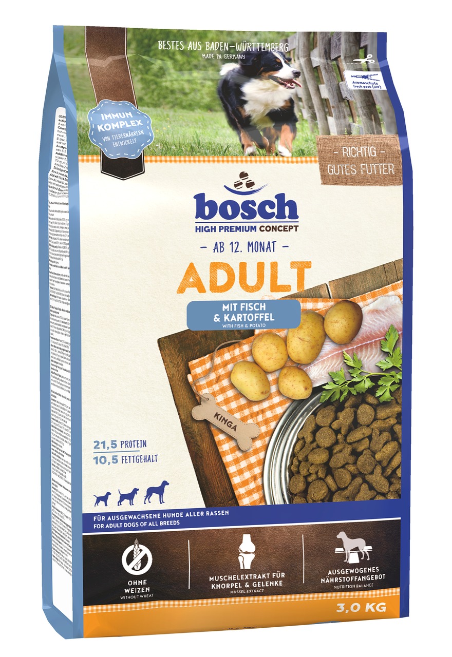 Bosch High Premium Concept Adult Fisch & Kartoffel, 3 kg, für Hunde ab 12 Mon., 21,5 % Protein, 10,5 % Fett, ohne Weizen, mit Muschelextrakt.