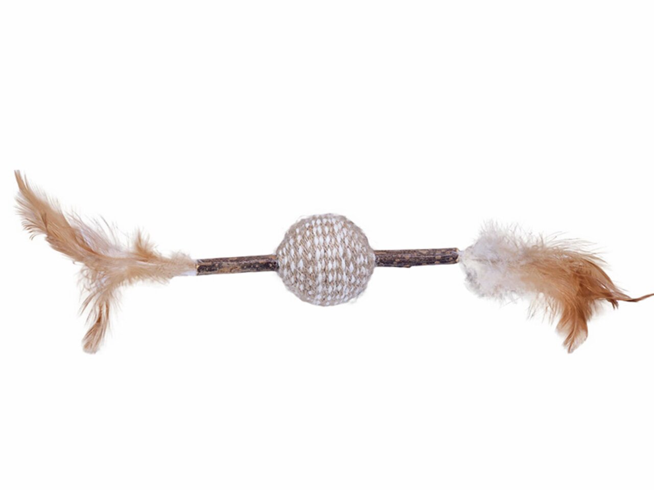 Ein Katzenspielzeug der Marke Quapas, bestehend aus einem natürlichen Holzstab mit einer geflochtenen Kugel in der Mitte und Federn an beiden Enden. Geeignet für Katzen aller Altersgruppen, fördert es den Spieltrieb und die Bewegung. Perfekt für interakti