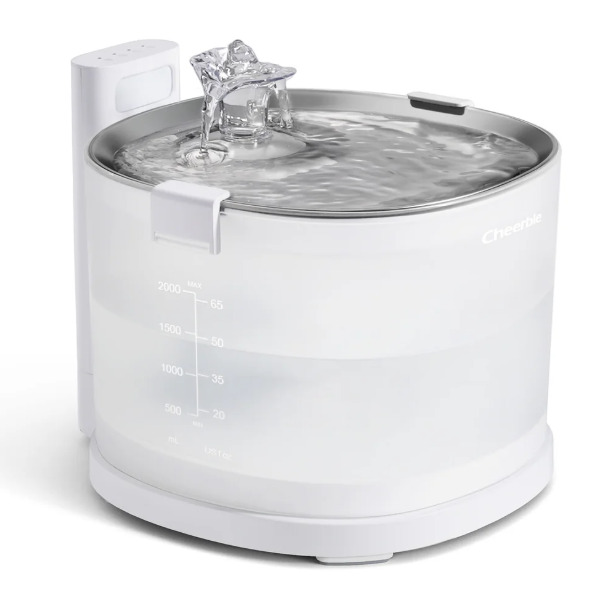 Cheerble Wasserbrunnen f. Katzen & kl. Hunde, 2L, sprudelnder Wasserfluss, animiert z. Trinken, modernes weißes Design.