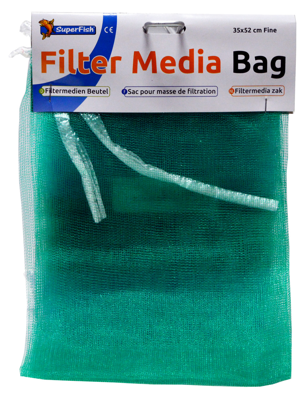 Das Bild zeigt den SuperFish Filter Media Bag, einen Filtermedienbeutel für Aquarien. Der Beutel ist in der Größe 35 x 52 cm (fein) erhältlich und besteht aus grünem Netzmaterial. Er dient zur Aufnahme von Filtermaterialien und unterstützt eine effektive 