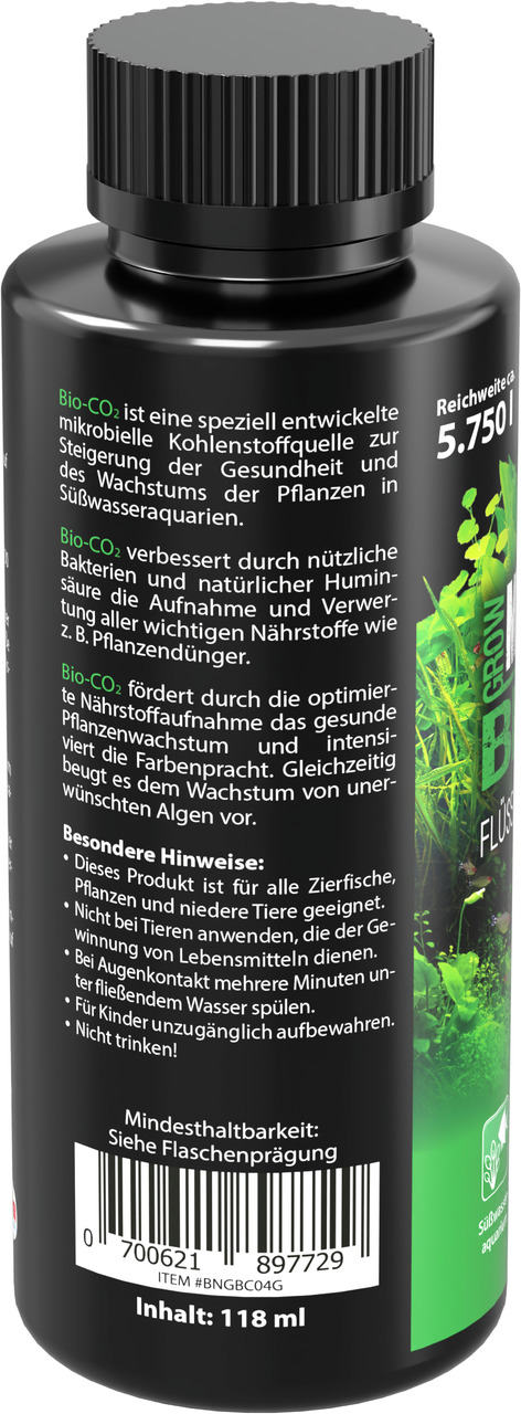 Das Bild zeigt eine schwarze Flasche des Produkts „MICROBE-LIFT Bio-CO2“ mit einem Inhalt von 118 ml. Es handelt sich um eine mikrobiell entwickelte Kohlenstoffquelle für Süßwasseraquarien, die das Pflanzenwachstum und die Gesundheit fördert. Die Flasche 