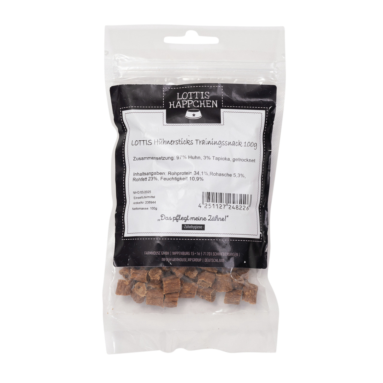 LOTTIS HÄPPCHEN Hühnersticks Trainingssnack, 100 g, für Hunde, Huhn (97 %), „Das pflegt meine Zähne!“, gesunder Snack.