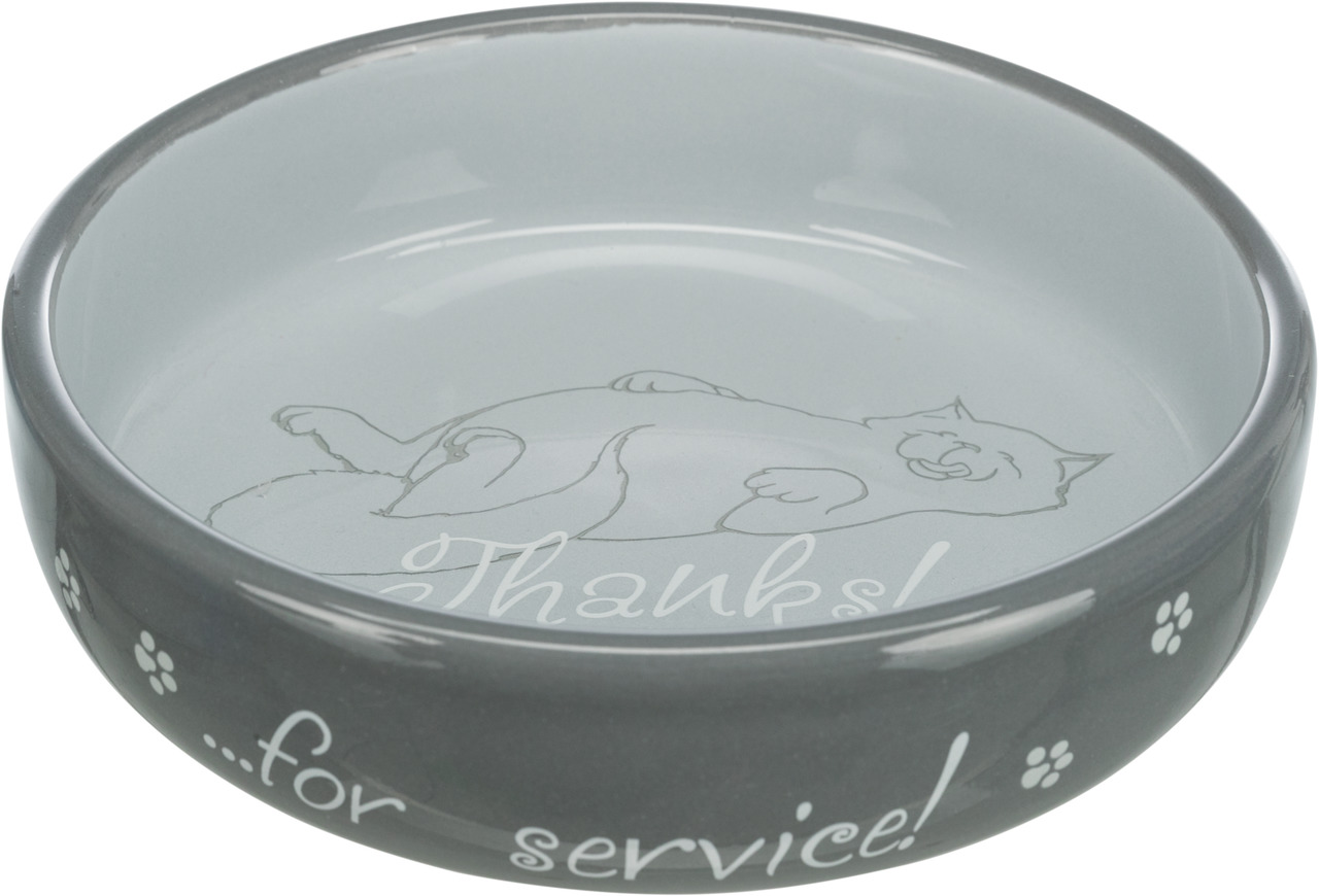 Grauer Keramiknapf von TRIXIE mit einem niedlichen Katzenmotiv im Inneren und der Aufschrift „Thanks! …for service!“ auf der Außenseite. Geeignet für Katzen, ideal für Futter oder Wasser. Robustes Material, leicht zu reinigen. Perfekt für den täglichen Ge