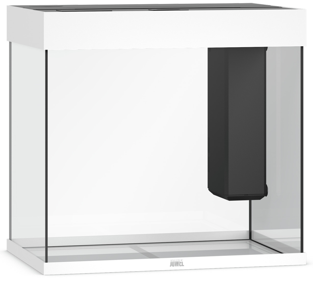 Das Bild zeigt ein JUWEL Aquarium Modell LIDO 120 in Weiß, geeignet für Aquaristik-Enthusiasten. Es handelt sich um ein rechteckiges Aquarium mit integriertem Filtersystem auf der rechten Seite. Das Glas ist klar und hochwertig verarbeitet. Die Marke JUWE