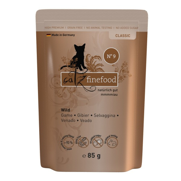 Catz finefood No. 9 Classic Katzenfutter Wild, 85 g, getreidefrei, ohne Zuckerzusatz, ohne Tierversuche, hergestellt in Deutschland.