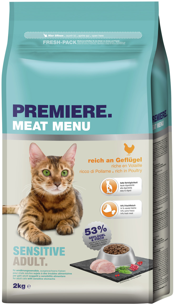 PREMIERE MEAT MENU Sensitive Adult, 2 kg, für ausgewachsene Katzen, Geflügel & Fisch, 53 % tierische Proteine, hoch verdaulich.