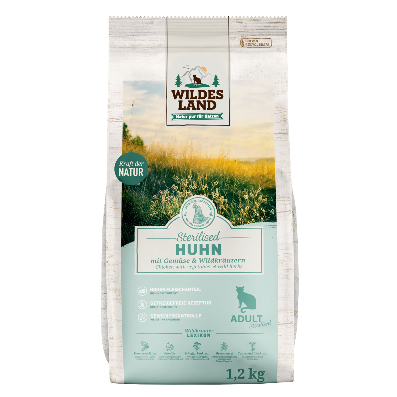 Das Bild zeigt eine 1,2 kg Packung Katzenfutter der Marke Wildes Land mit der Geschmacksrichtung Huhn, speziell für sterilisierte Katzen. Das Produkt ist getreidefrei, enthält Gemüse und Wildkräuter und unterstützt die Gewichtskontrolle. Auf der Verpackun