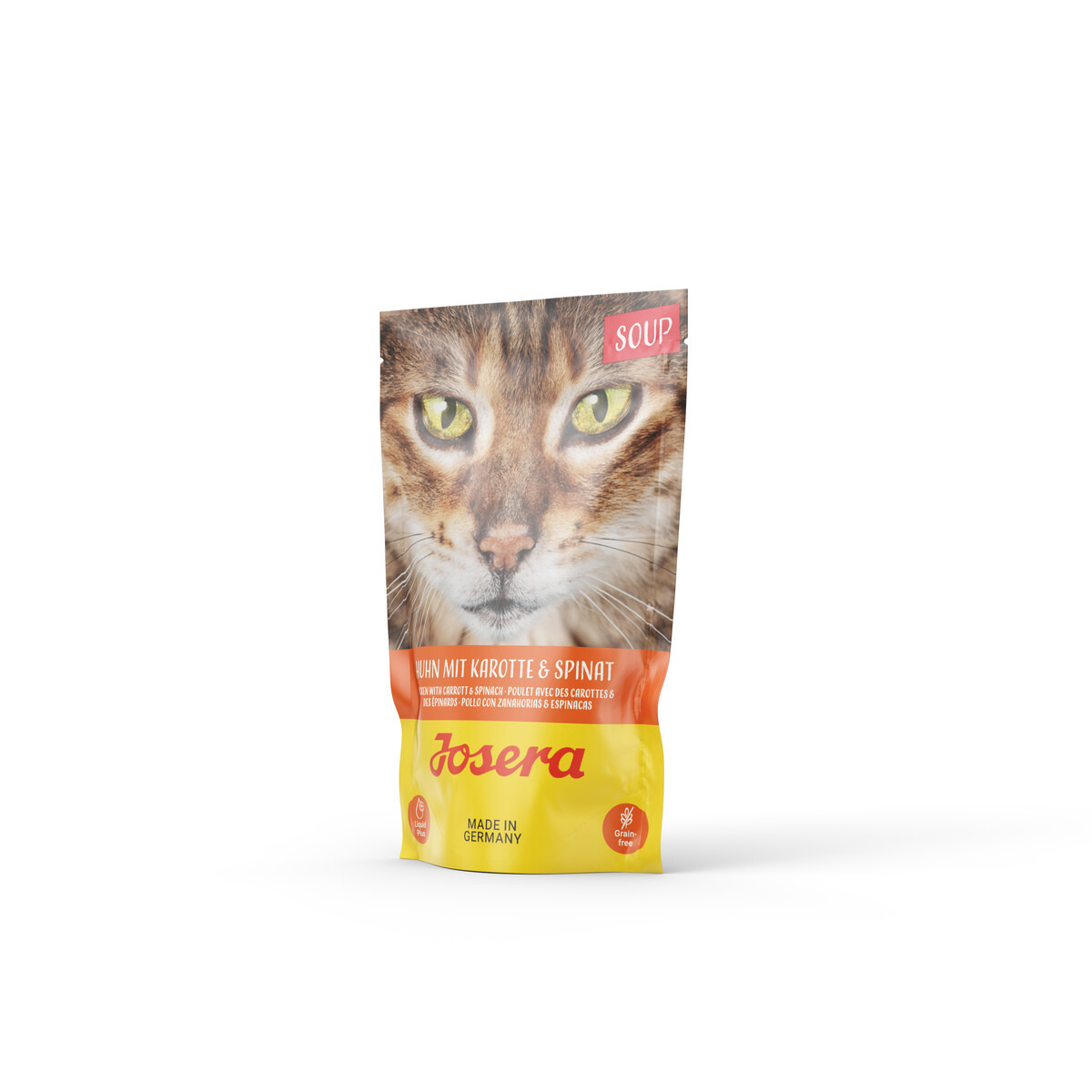 Josera Soup Huhn m. Karotte & Spinat, f. Katzen, Geschm.: Huhn, Karotte, Spinat, gelb-orange Packung, „Made in Germany“.