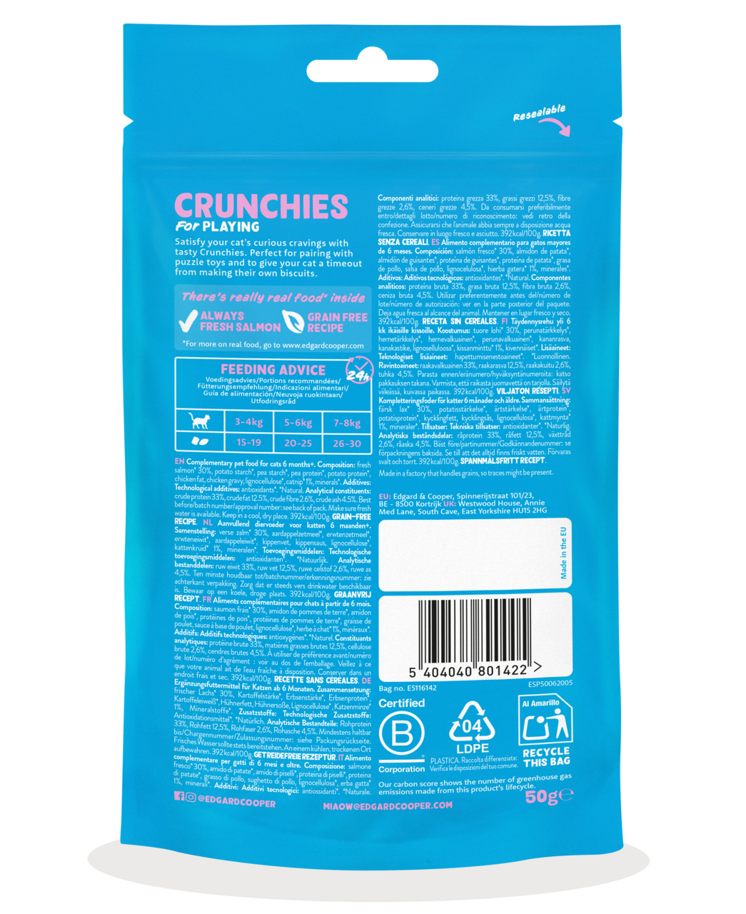 Edgard & Cooper Crunchies, Katzen ab 6 Mon., frischer Lachs, getreidefrei, 50 g, wiederverschließbar, recyclebar, spielerische Momente.