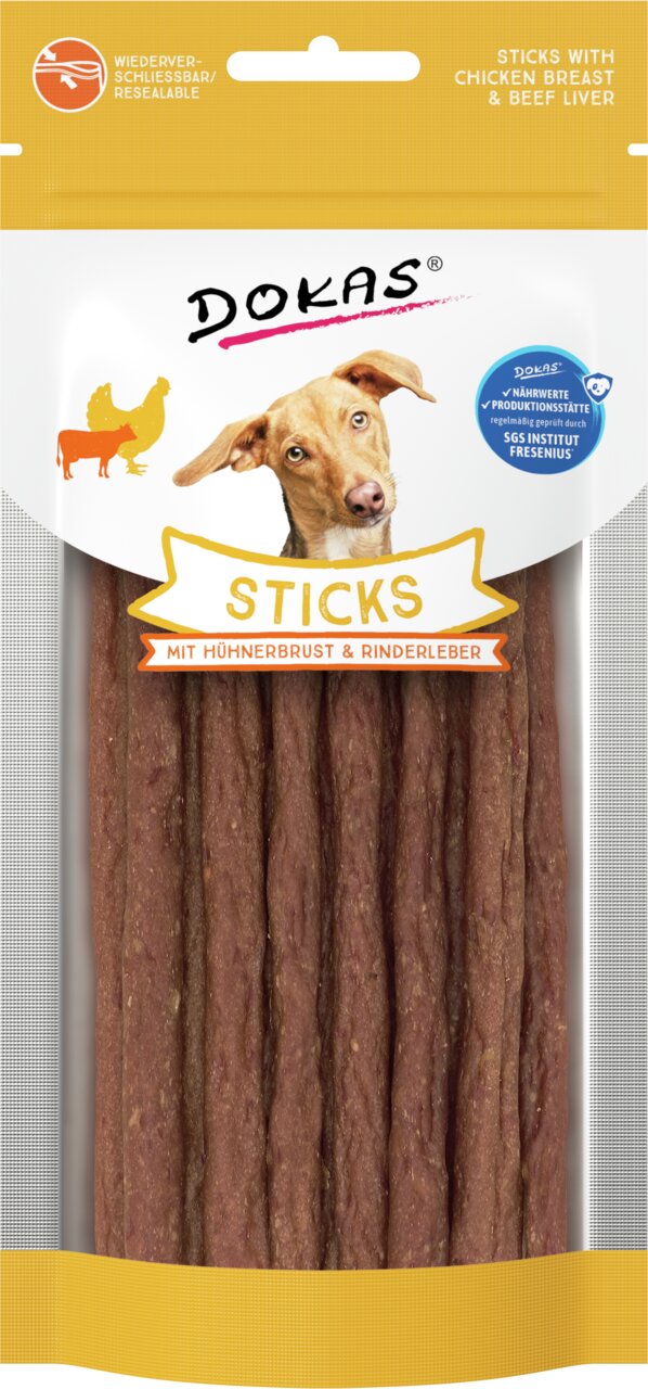 DOKAS Sticks für Hunde mit Hühnerbrust und Rinderleber, wiederverschließbar, getreidefrei, 70g Packung.