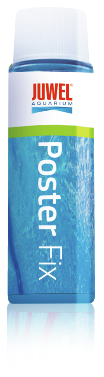 Das Bild zeigt eine Flasche des Produkts "JUWEL Poster Fix", einem Zubehör für Aquarien der Marke JUWEL. Die Flasche hat ein modernes Design mit blauem Hintergrund und weißer Schrift. Sie enthält eine spezielle Lösung, die Poster sicher und blasenfrei an 