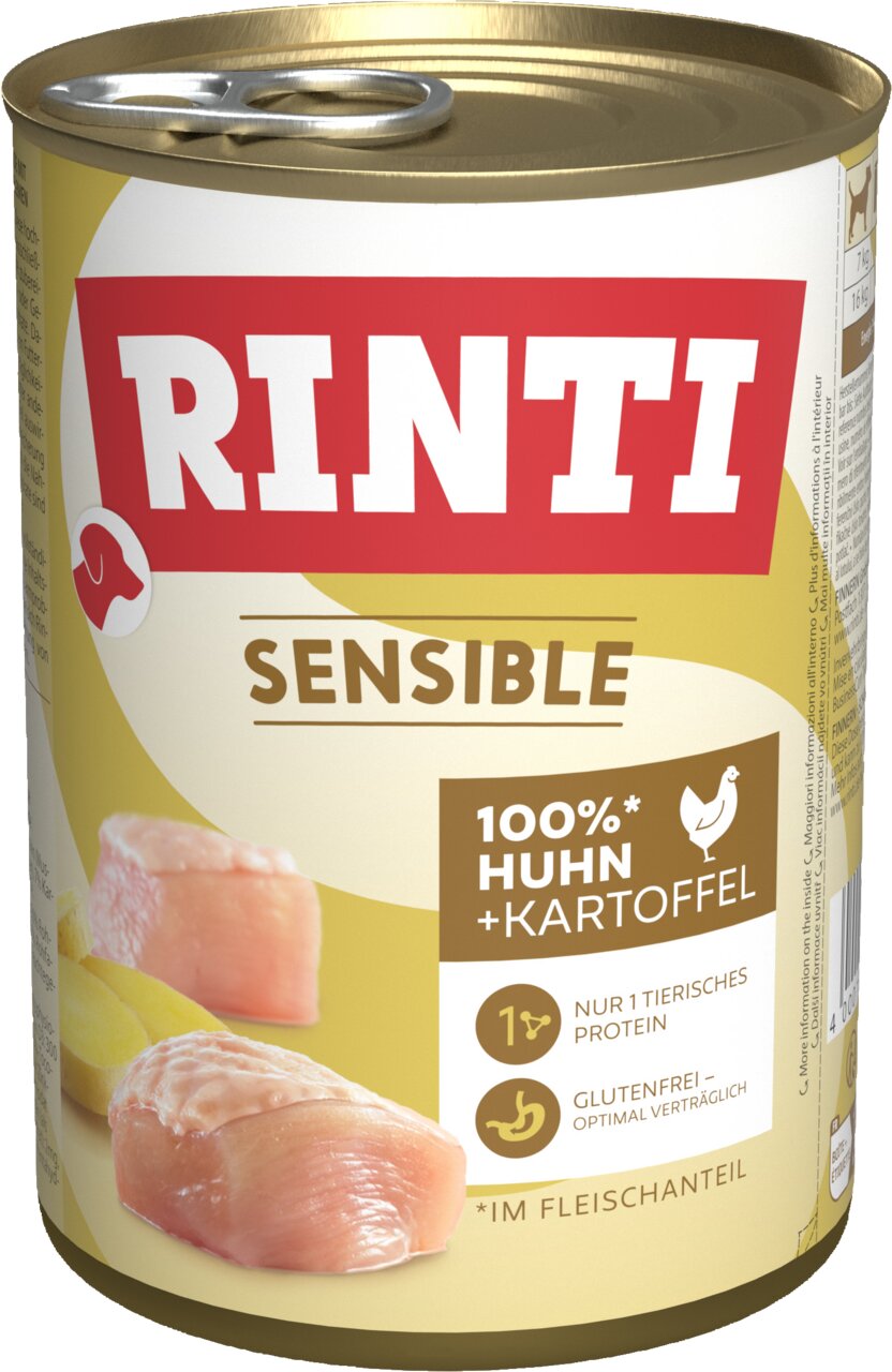 RINTI Sensible Hundefutter für ausgewachsene Hunde, Huhn mit Kartoffel, glutenfrei, 400 g. Optimal für sensible Hunde geeignet.
