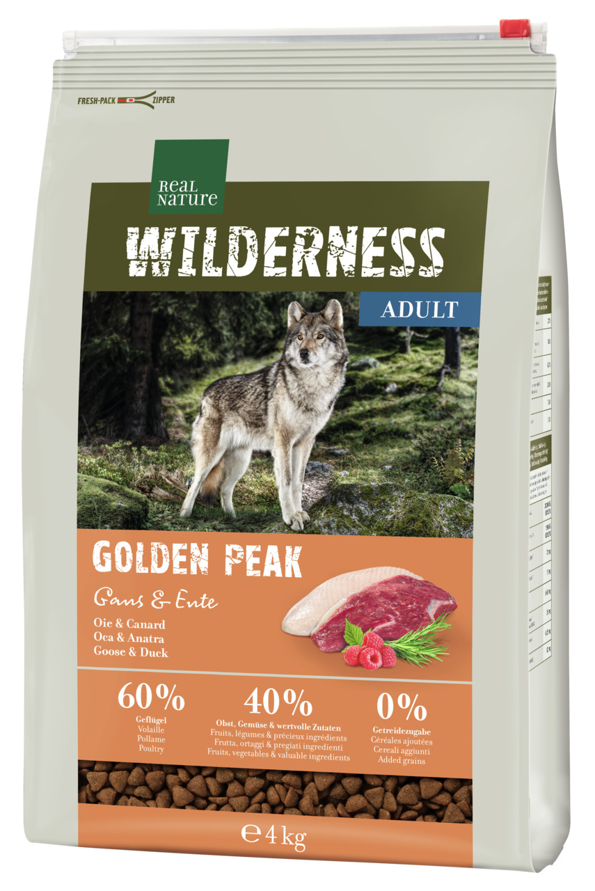 REAL NATURE WILDERNESS GOLDEN PEAK, 4 kg, für erw. Hunde, Gans & Ente, 60 % Geflügel, 40 % Obst-Gemüse, 0 % Getreide.