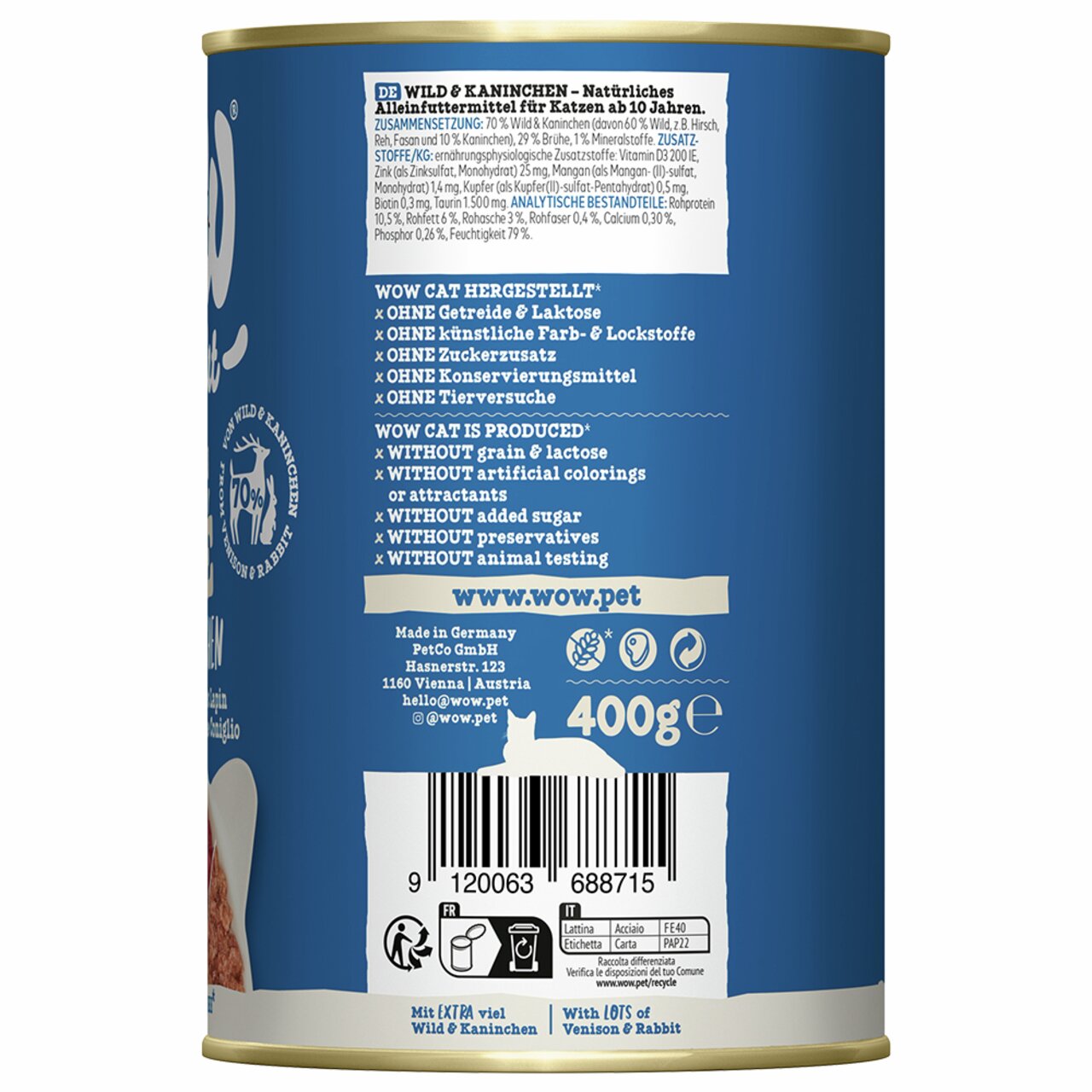 WOW CAT Nassfutter, Marke WOW, für Katzen, Wild & Kaninchen, 400 g, getreidefrei, ohne Zucker, Farb-, Lockstoffe & Tierversuche.