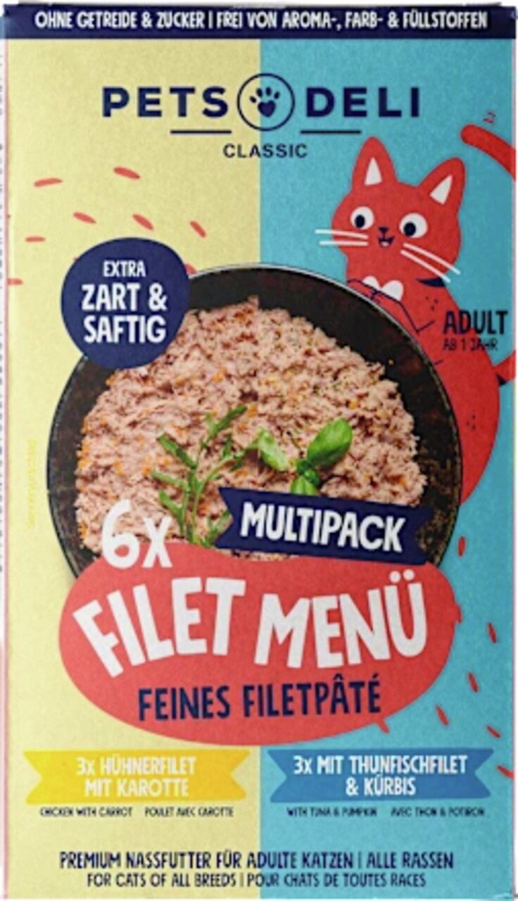 Premium Katzenfutter von Pets Deli, Filet Menü Multipack. 6x Nassfutter für erwachsene Katzen, Huhn-Karotte und Thunfisch-Kürbis.