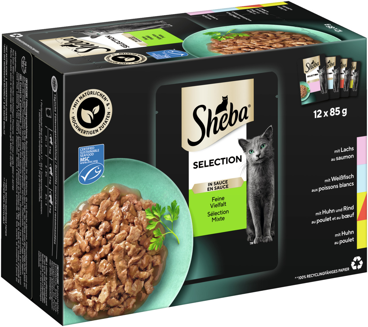 Sheba Selection in Sauce, Katzen, Lachs/Weißfisch/Huhn/Rind, 12x85g, hochwertige Zutaten, MSC-zertifizierter Fischfang.