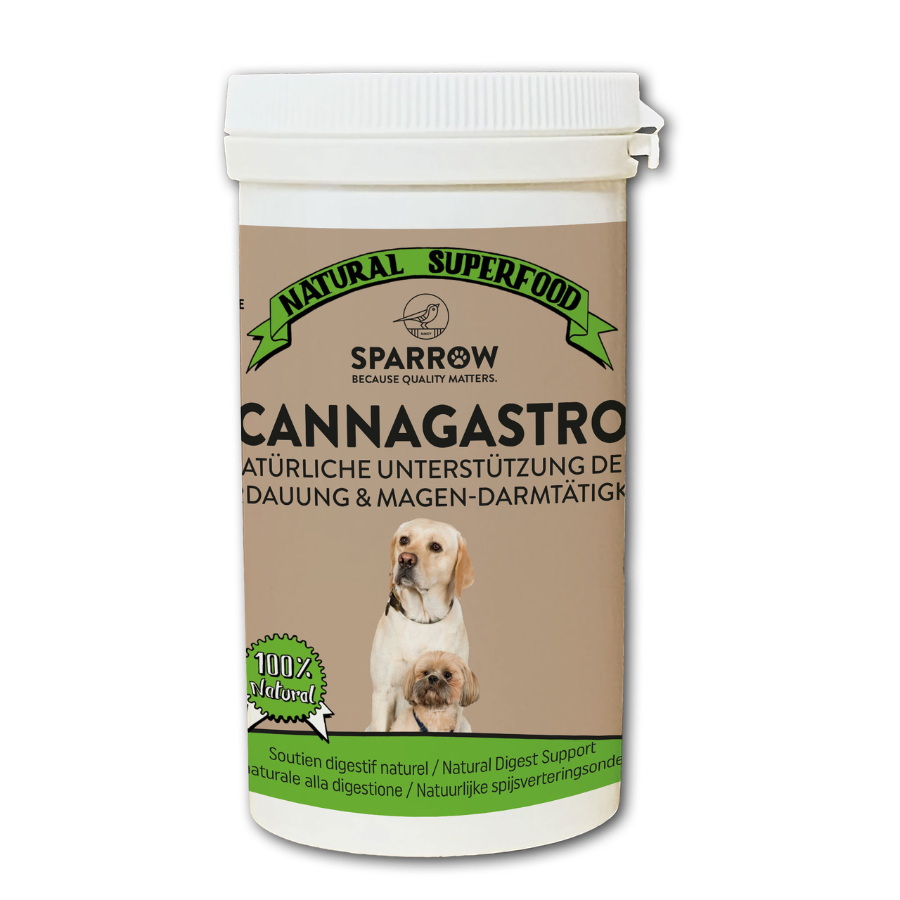 Das Bild zeigt ein Produkt aus dem Tierbedarf der Marke SPARROW mit dem Namen "Cannagastro". Es handelt sich um ein natürliches Ergänzungsfuttermittel zur Unterstützung der Verdauung und Magen-Darm-Tätigkeit bei Hunden. Die Verpackung ist beige mit grünen