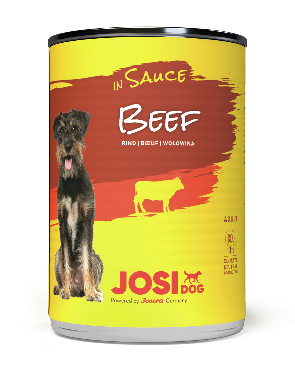 Das Bild zeigt eine gelbe Dose des Hundefutters „Josera JosiDog Beef in Sauce“ für ausgewachsene Hunde. Die Geschmacksrichtung ist Rind. Auf der Vorderseite sind ein Hund, eine stilisierte Kuh und der Hinweis „Klimaneutrale Produktion“ abgebildet. Die Men