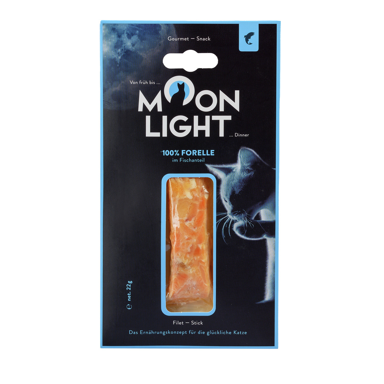 Das Bild zeigt die Verpackung des Katzenfutters „Moonlight Dinner“ der Marke Moonlight. Es handelt sich um einen Gourmet-Snack für Katzen mit 100 % Forelle im Fischanteil. Die Verpackung enthält einen Filet-Stick mit einem Nettogewicht von 22 g. Der Sloga