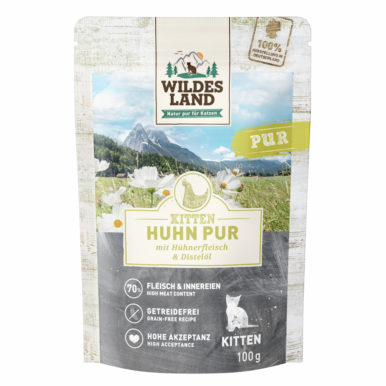 Wildes Land Kitten Huhn Pur, für Kätzchen, Huhn, getreidefrei, 70 % Fleisch, mit Distelöl, 100 g, hergestellt in Deutschland.