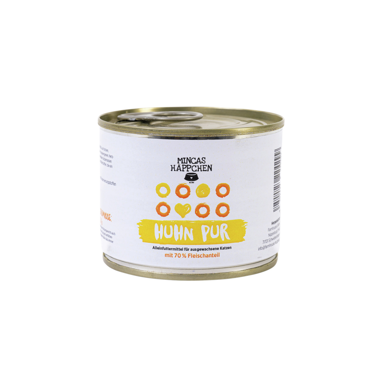Mincas Häppchen Huhn Pur: Alleinfuttermittel f. ausgew. Katzen, 70 % Fleisch, Geschm.: Huhn, Dose, weiß m. gelb-orange Design.