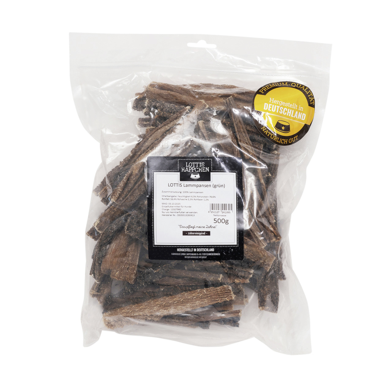 Das Bild zeigt eine transparente Verpackung mit 500 g LOTTIS HÄPPCHEN Lammpansen (grün), einem natürlichen Kausnack für Hunde. Die Marke wirbt mit „Hergestellt in Deutschland“ und „Premium-Qualität“. Der Snack besteht zu 100 % aus Lammpansen und unterstüt
