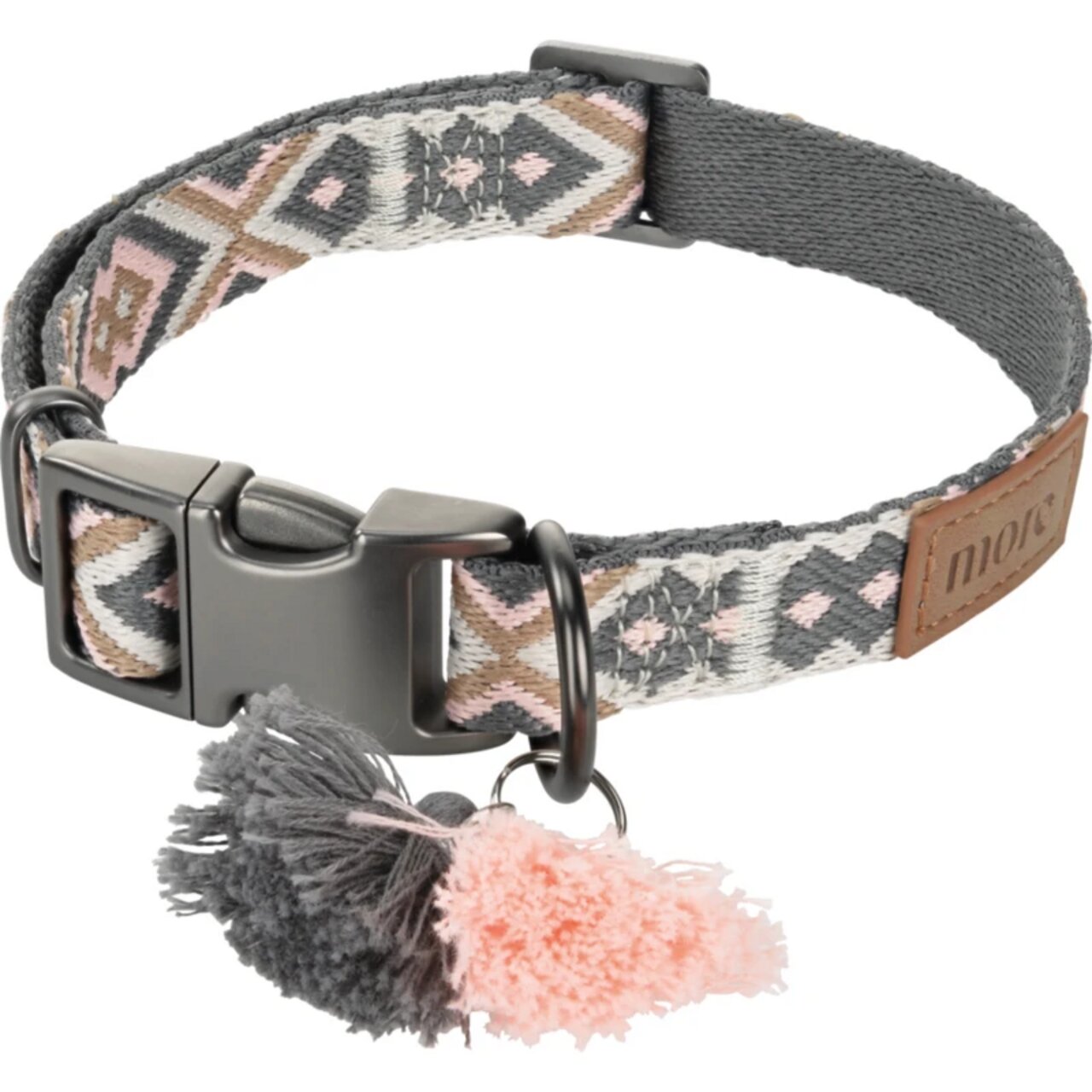 Halsband von MORE für Hunde, mit Muster in Grau und Rosa, dekorative Quasten, stabiler Verschluss, Größe auf Bild nicht erkennbar.