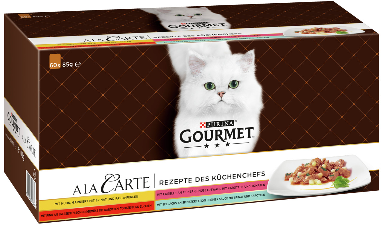 Purina GOURMET A La Carte Katzenfutter, Huhn-Spinat, Rind-Gemüse, Forelle-Karotten, Seelachs-Spinat, 60x85g.