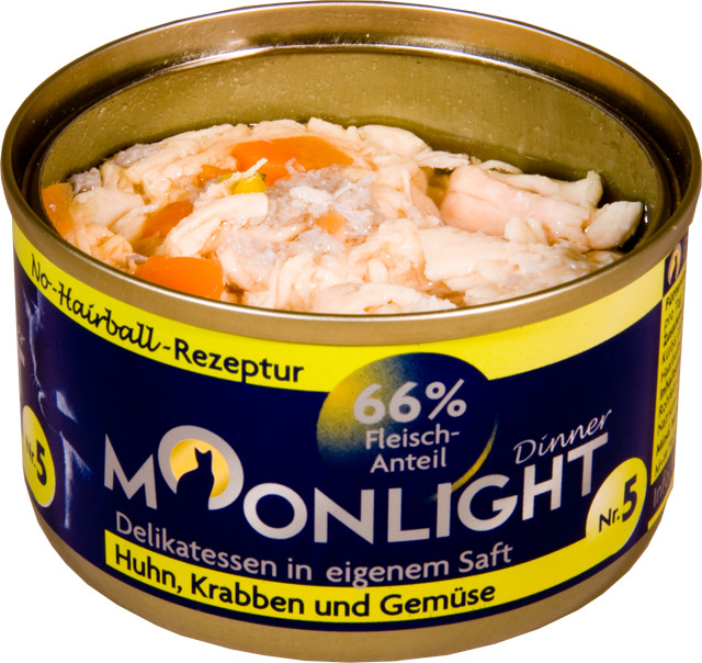 Sparpaket 24 x 80 g Moonlight Dinner Nr. 5 Huhn, Thunfisch und Gemüse in eigenem Saft Katzen Nassfutter