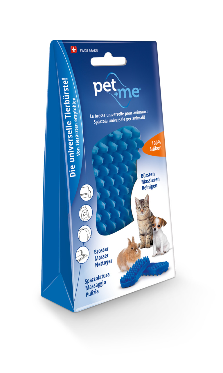 pet+me Universal-Tierbürste, blau, 100 % Silikon, für Katzen, Hunde & Kleintiere, bürstet, massiert, reinigt, von Tierärzten empfohlen.