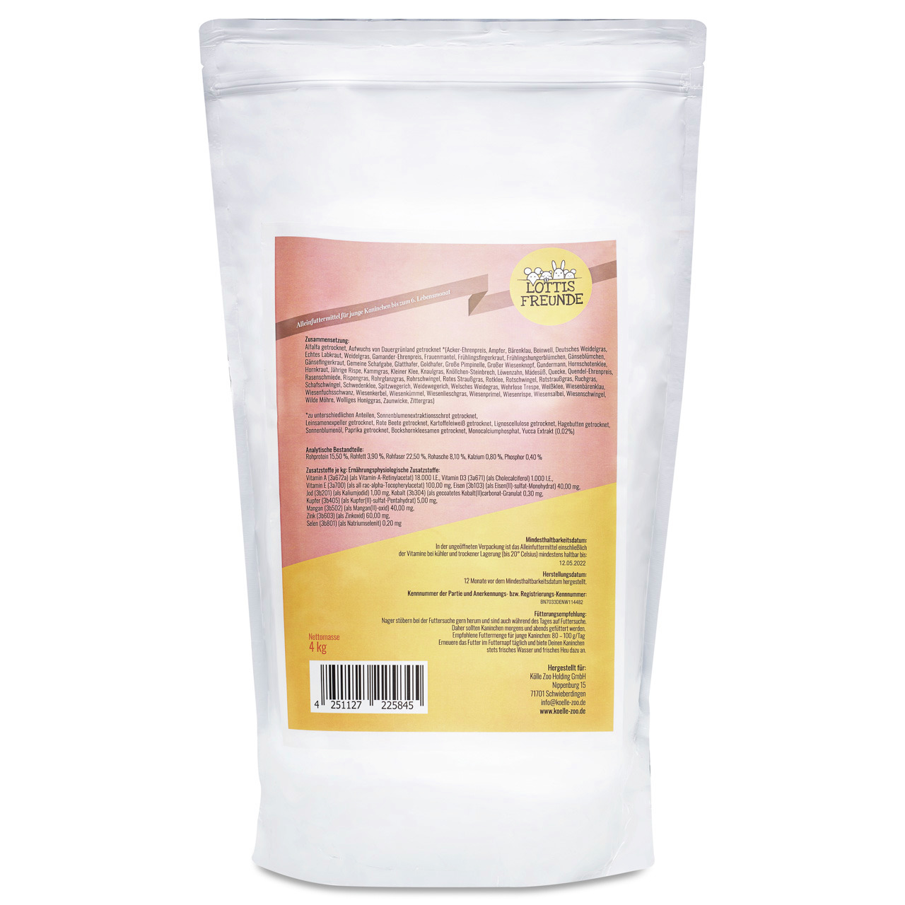 Lottis Freunde, 4 kg, hochwertiges Futter für Kaninchen & Nager, mit Angaben zu Inhaltsstoffen & Fütterungsempfehlungen.