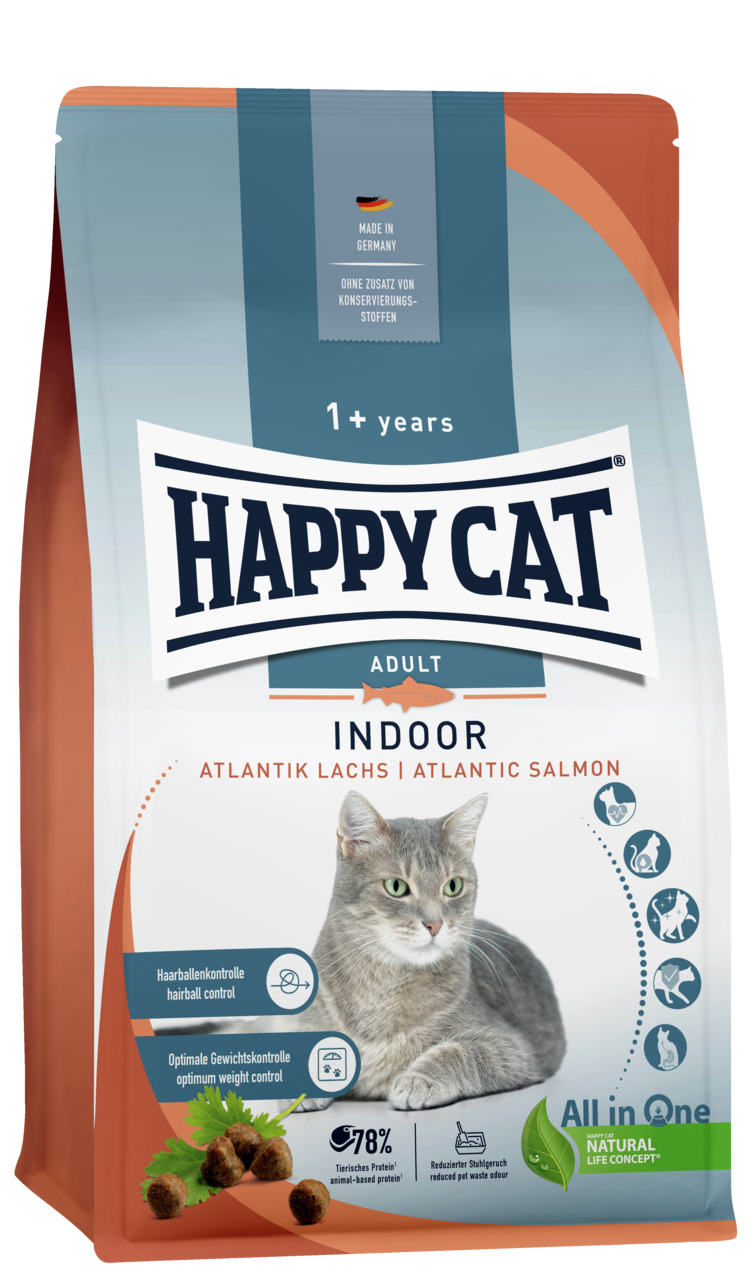 HAPPY CAT Adult Indoor Atlantik Lachs, für Wohnungskatzen ab 1 J., Haarballen- & Gewichtskontrolle, 78 % tierisches Protein.