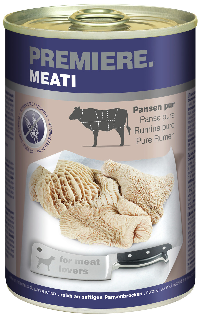 Das Bild zeigt eine Dose des Hundefutters „PREMIERE MEATI“ mit der Geschmacksrichtung „Pansen pur“. Die Zielgruppe sind Hunde, insbesondere Fleischliebhaber. Die Dose enthält eine getreidefreie Rezeptur und ist reich an saftigen Pansenstücken. Auf der Vor