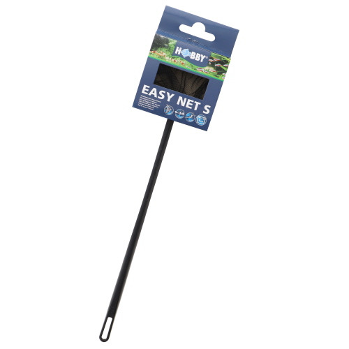 Das Bild zeigt das Produkt "Hobby Easy Net S", ein kleines, handliches Kescher-Netz für Aquarien. Es richtet sich an Aquarienbesitzer und eignet sich ideal zum sicheren Einfangen von Fischen oder Entfernen von Pflanzenresten. Der Kescher hat einen schwarz