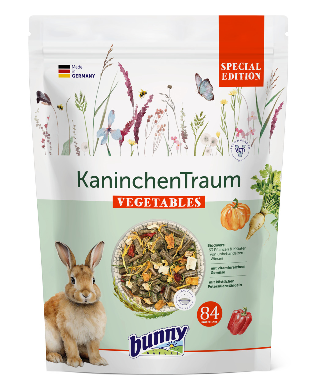 Bunny Nature „Bunny KaninchenTraum Vegetables“, Futter f. Kaninchen, Petersilienstängel, Paprika, Kürbis, 84 Zutaten, Special Edition.