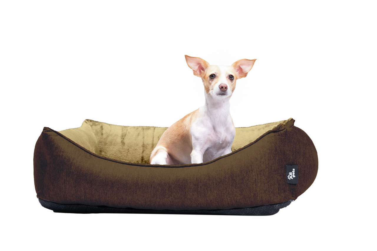 Hundebett Allpets, braun-beiges Innenfutter, für kleine Hunde, oval, rutschfest, weich gepolstert, hoher Komfort, ideal zum Ruhen.