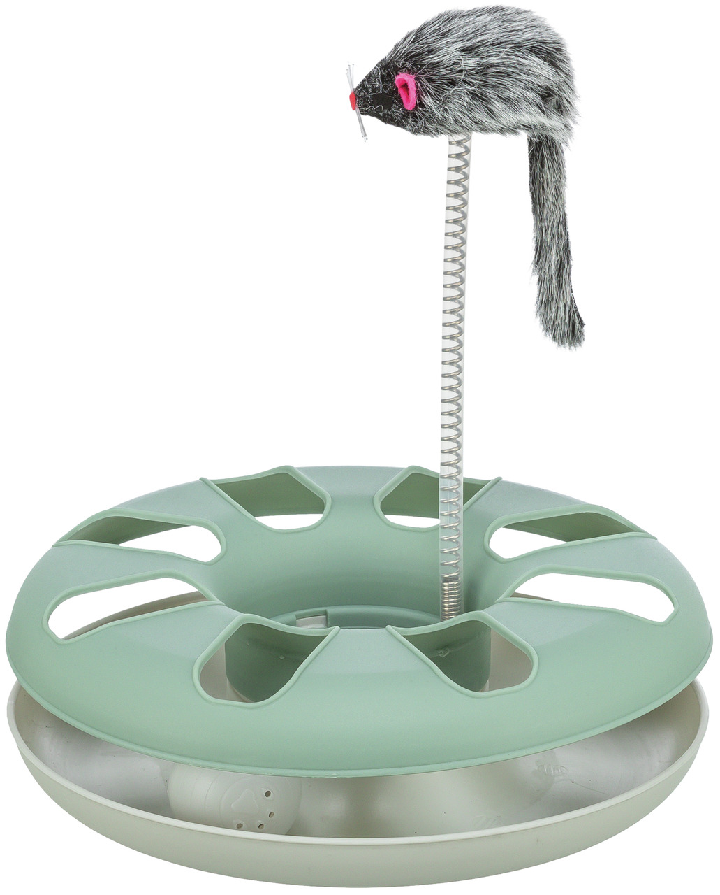 TRIXIE Cat Activity Turn Around, interaktives Spielzeug f. Katzen, grünes Spielbrett m. Öffnungen & Plüschmaus, Zielgruppe: Katzen.
