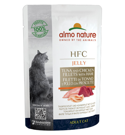 Almo Nature HFC Jelly, Katzenfutter f. erw. Katzen, Thunfisch- & Hühnerfilet m. Schinken, 70 g, 100 % nat. Zutaten.