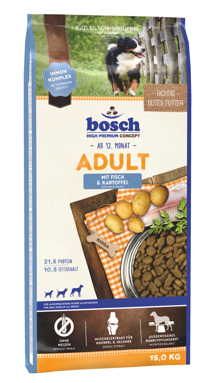 Bosch High Premium Concept Hundefutter, Adult Fisch & Kartoffel, 15 kg, für Hunde ab 12 Mon., weizenfrei, 21,5 % Protein, 10,5 % Fett.