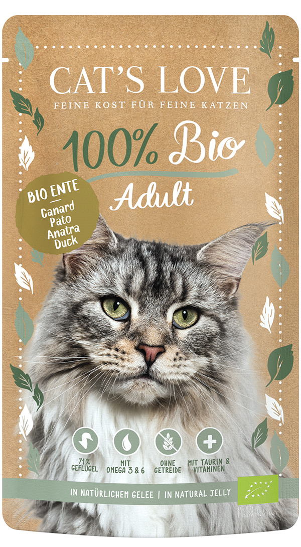 Sparpaket 6 x 100 g Cat's Love 100 % Bio Adult Ente Katzen Nassfutter