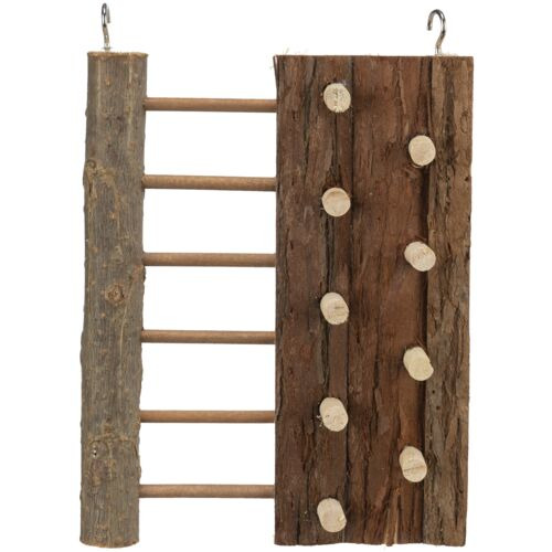 Das Bild zeigt die TRIXIE Kletterwand für Kleintiere, geeignet für Nager wie Hamster oder Mäuse. Die Wand besteht aus natürlichem Holz mit Sprossen und Kletterelementen, die das natürliche Bewegungsverhalten fördern. Sie ist robust, einfach aufzuhängen un