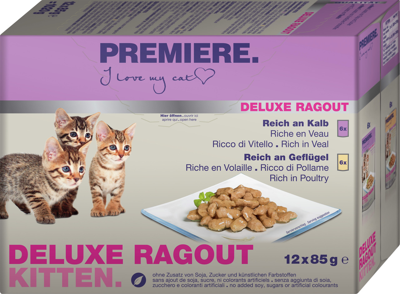 Das Bild zeigt eine Verpackung des Katzenfutters "PREMIERE Deluxe Ragout Kitten". Es ist speziell für Kätzchen entwickelt und enthält zwei Geschmacksrichtungen: Kalb und Geflügel, jeweils in 6 Portionen à 85 g. Die Verpackung betont, dass das Produkt ohne