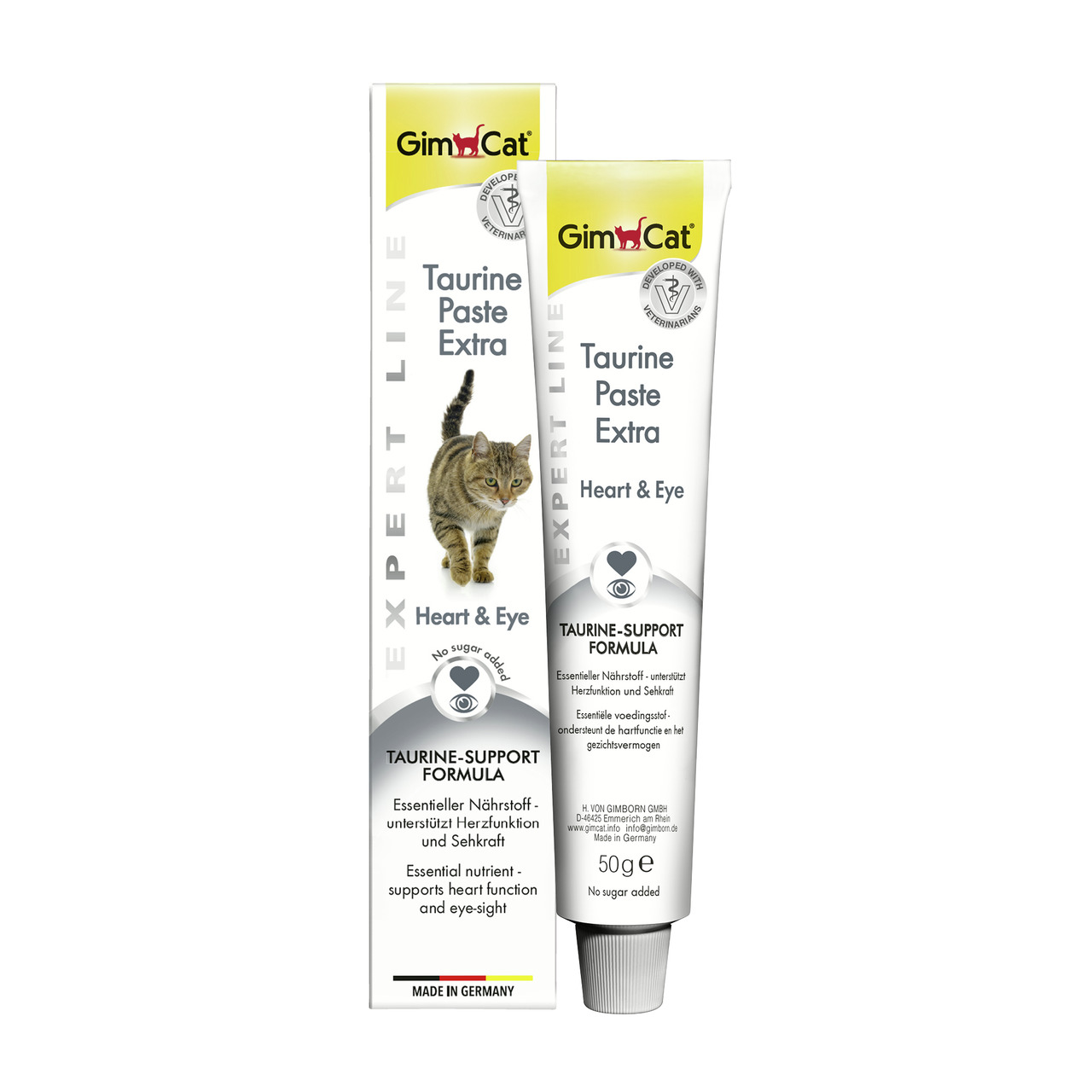 Das Bild zeigt die GimCat Taurine Paste Extra aus der Expert Line in einer 50g-Tube sowie die dazugehörige Verpackung. Die Paste ist speziell für Katzen entwickelt und unterstützt Herzfunktion und Sehkraft durch die Taurin-Support-Formel. Sie enthält kein