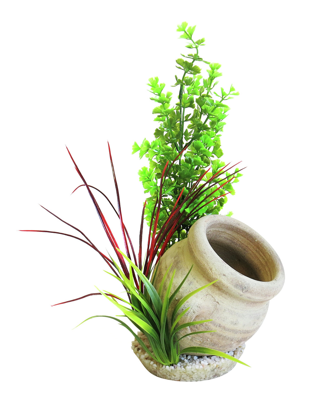 Sydeco Aquarium-Deko: Künstl. Pflanze (Grün-Rot) + Tonkrug (Beige-Braun) auf Kies-Sockel. Für Aquarienliebhaber.