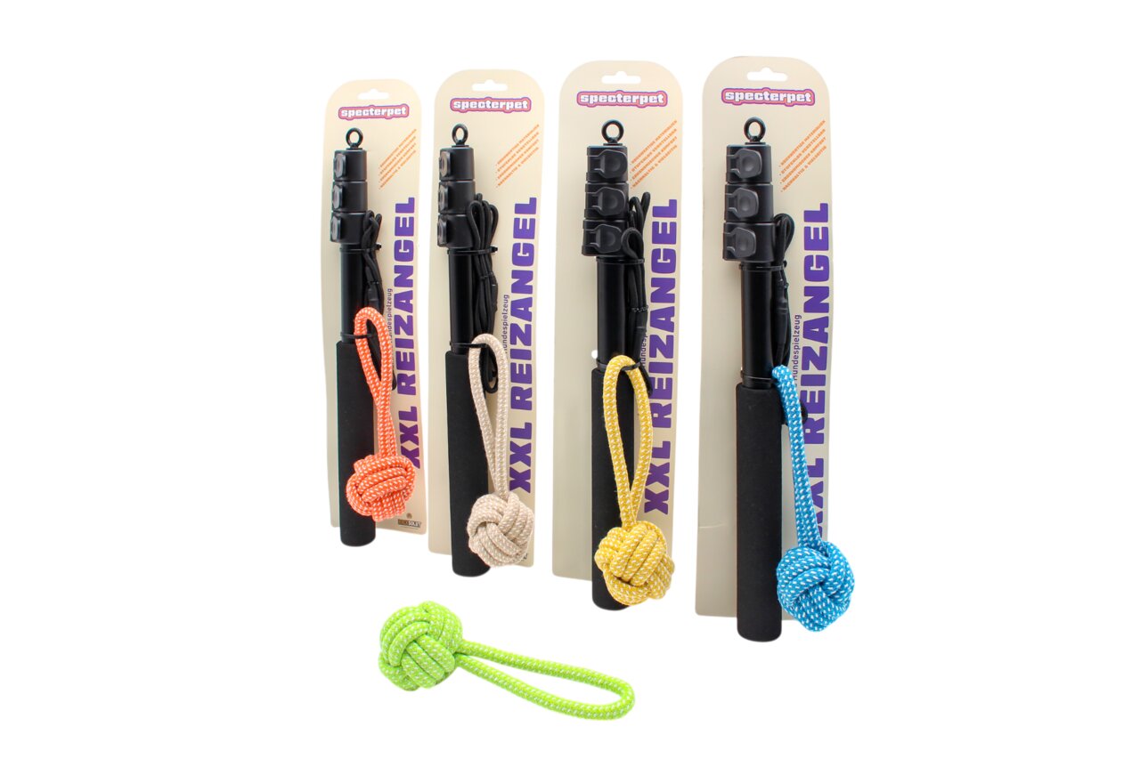 4 XXL Reizangeln Specterpet für Hunde, mit robustem Seil (Orange, Beige, Gelb, Blau) & Griff, ideal für Spiel & Bewegung.