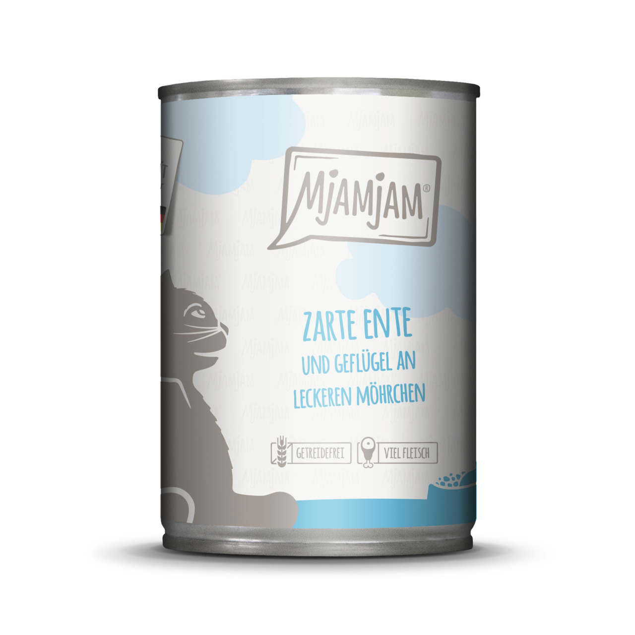 Mjamjam Katzenfutter "Zarte Ente & Geflügel an Möhrchen", getreidefrei, viel Fleisch, 400 g.