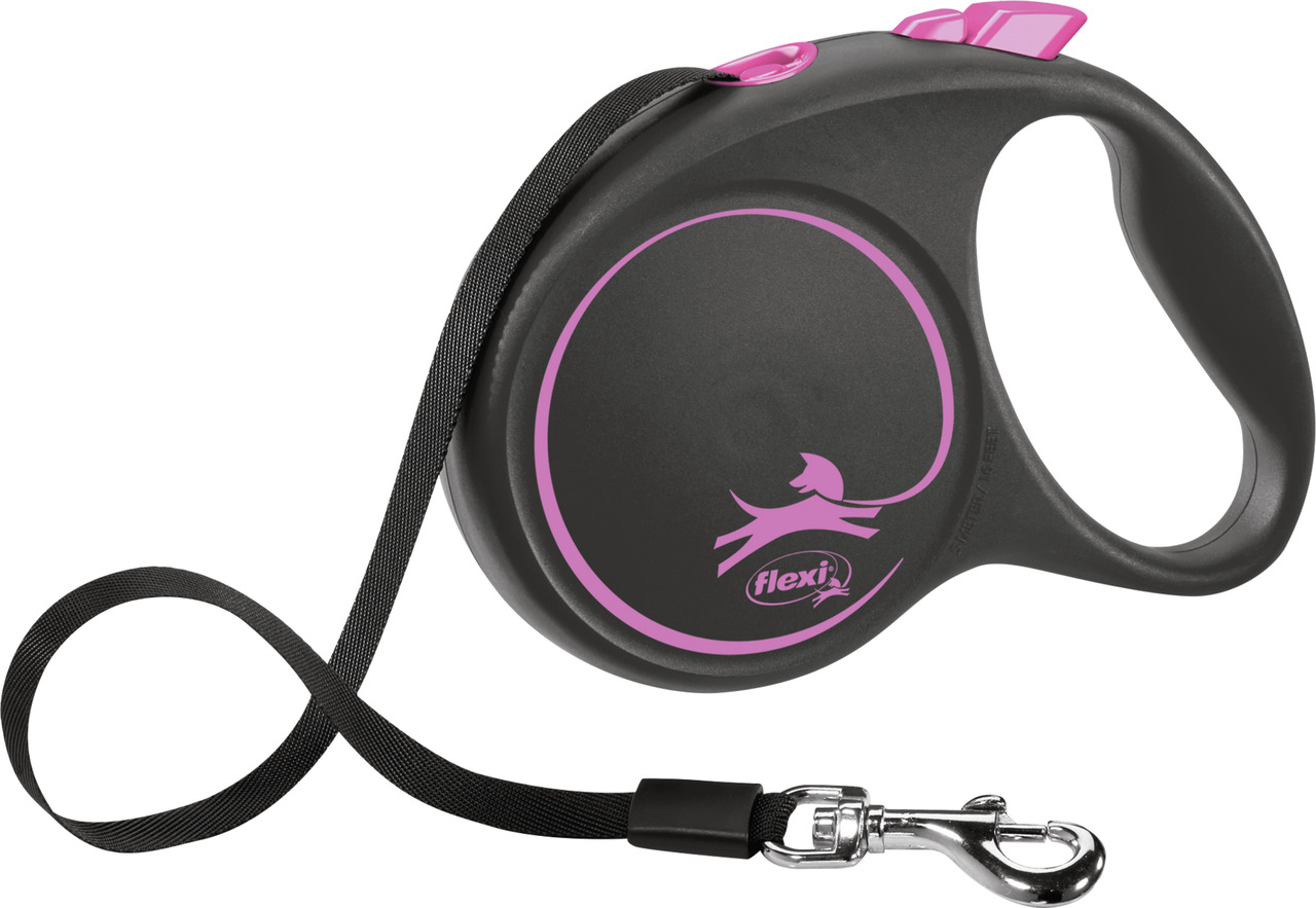 Schwarze Flexi Hundeleine mit pinken Akzenten, geeignet für Hunde. Die Leine ist eine Rollleine mit ergonomischem Griff und einem stabilen Karabinerhaken. Sie bietet eine komfortable Handhabung und ermöglicht dem Hund mehr Bewegungsfreiheit. Marke: Flexi.