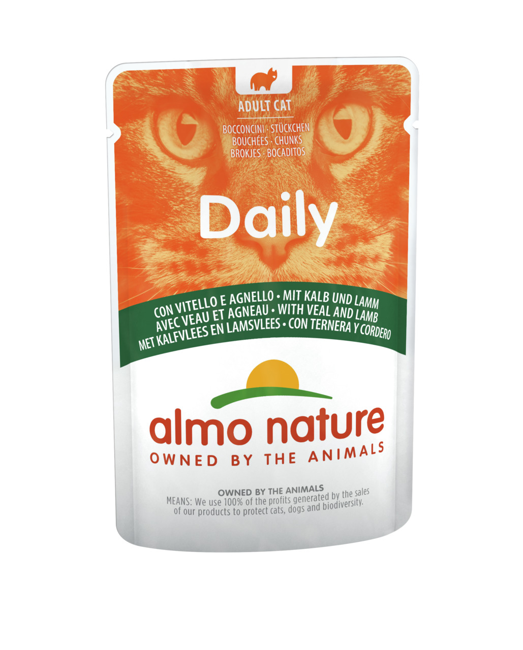 Almo Nature Daily, Katzenfutter für ausgewachsene Katzen, Kalb & Lamm, 85 g, 100 % Gewinne für Tier- & Biodiversitätsschutz.